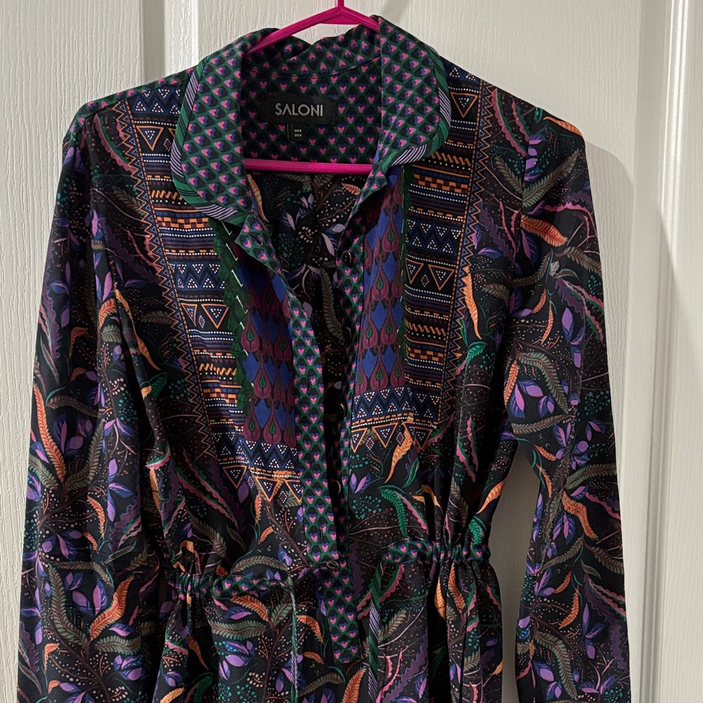 SALONI Jewel Coloured Silk Print Mini Dress (Sz 4) - Picture 6 of 8